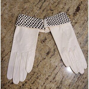 New! Vtg Sz S Soft Leather Formal 8" Gloves White Black Checker Fold Wrist Weave
